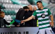 17 September 2020; Aaron Greene of Shamrock Rovers gives the jersey of AC Milan's Zlatan Ibrahimovic to his son, Jack, following the UEFA Europa League Second Qualifying Round match between Shamrock Rovers and AC Milan at Tallaght Stadium in Dublin. Photo by Seb Daly/Sportsfile