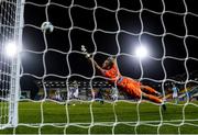 17 September 2020; Shamrock Rovers goalkeeper Alan Mannus is beaten by the shot of Hakan Çalhanoglu of AC Milan to concede his side's second goal during the UEFA Europa League Second Qualifying Round match between Shamrock Rovers and AC Milan at Tallaght Stadium in Dublin. Photo by Stephen McCarthy/Sportsfile