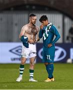 17 September 2020; Jack Byrne of Shamrock Rovers and Brahim Díaz of AC Milan following the UEFA Europa League Second Qualifying Round match between Shamrock Rovers and AC Milan at Tallaght Stadium in Dublin. Photo by Seb Daly/Sportsfile