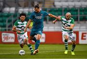 17 September 2020; Zlatan Ibrahimovic of AC Milan shoots to score his side's first goal, despite pressure from Roberto Lopes, left, and Joey O'Brien of Shamrock Rovers, during the UEFA Europa League Second Qualifying Round match between Shamrock Rovers and AC Milan at Tallaght Stadium in Dublin. Photo by Seb Daly/Sportsfile