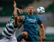 17 September 2020; Zlatan Ibrahimovic of AC Milan in action against Lee Grace of Shamrock Rovers during the UEFA Europa League Second Qualifying Round match between Shamrock Rovers and AC Milan at Tallaght Stadium in Dublin. Photo by Seb Daly/Sportsfile