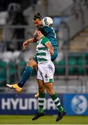 17 September 2020; Zlatan Ibrahimovic of AC Milan in action against Roberto Lopes of Shamrock Rovers during the UEFA Europa League Second Qualifying Round match between Shamrock Rovers and AC Milan at Tallaght Stadium in Dublin. Photo by Seb Daly/Sportsfile