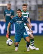 17 September 2020; Ismaël Bennacer of AC Milan in action against Jack Byrne of Shamrock Rovers during the UEFA Europa League Second Qualifying Round match between Shamrock Rovers and AC Milan at Tallaght Stadium in Dublin. Photo by Stephen McCarthy/Sportsfile