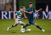 17 September 2020; Jack Byrne of Shamrock Rovers in action against Matteo Gabbia of AC Milan during the UEFA Europa League Second Qualifying Round match between Shamrock Rovers and AC Milan at Tallaght Stadium in Dublin. Photo by Stephen McCarthy/Sportsfile