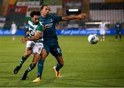 17 September 2020; Zlatan Ibrahimovic of AC Milan in action against Roberto Lopes of Shamrock Rovers during the UEFA Europa League Second Qualifying Round match between Shamrock Rovers and AC Milan at Tallaght Stadium in Dublin. Photo by Stephen McCarthy/Sportsfile