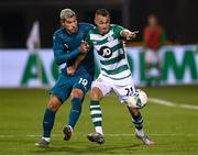 17 September 2020; Graham Burke of Shamrock Rovers in action against Theo Hernández of AC Milan during the UEFA Europa League Second Qualifying Round match between Shamrock Rovers and AC Milan at Tallaght Stadium in Dublin. Photo by Stephen McCarthy/Sportsfile