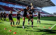 18 September 2020; Rianna Jarrett, left, and Louise Quinn warm up during a Republic of Ireland women's training session at Stadion Essen in Essen, Germany. Photo by Lukas Schulze/Sportsfile