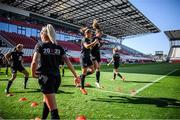 18 September 2020; Katie McCabe and Heather Payne, right, during a Republic of Ireland women's training session at Stadion Essen in Essen, Germany. Photo by Lukas Schulze/Sportsfile