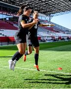 18 September 2020; Niamh Farrelly and Katie McCabe, right, during a Republic of Ireland women's training session at Stadion Essen in Essen, Germany. Photo by Lukas Schulze/Sportsfile