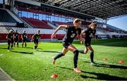 18 September 2020; Hayley Nolan, left, and Jamie Finn warms up during a Republic of Ireland women's training session at Stadion Essen in Essen, Germany. Photo by Lukas Schulze/Sportsfile