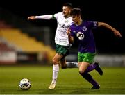 18 September 2020; John Ryan of Shamrock Rovers II in action against Keith Dalton of Cabinteely during the SSE Airtricity League First Division match between Shamrock Rovers II and Cabinteely at Tallaght Stadium in Dublin. Photo by Harry Murphy/Sportsfile