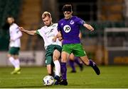18 September 2020; John Ryan of Shamrock Rovers II is tackled by Steven Kinsella of Cabinteely during the SSE Airtricity League First Division match between Shamrock Rovers II and Cabinteely at Tallaght Stadium in Dublin. Photo by Harry Murphy/Sportsfile