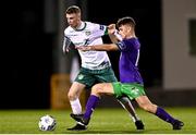 18 September 2020; Eoin Massey of Cabinteely in action against Aaron Bolger of Shamrock Rovers II during the SSE Airtricity League First Division match between Shamrock Rovers II and Cabinteely at Tallaght Stadium in Dublin. Photo by Harry Murphy/Sportsfile