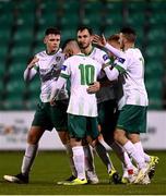 18 September 2020; Kevin Knight of Cabinteely, centre, celebrates with team-mates after scoring his side's first goal during the SSE Airtricity League First Division match between Shamrock Rovers II and Cabinteely at Tallaght Stadium in Dublin. Photo by Harry Murphy/Sportsfile