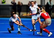 19 September 2020; Hannah McLoughlin of UCD shoots to score her side's first goal, despite pressure from Ruth Maguire of Pegasus, during the Women's Hockey Irish Senior Cup Final match between Pegasus and UCD at Lisnagarvey Hockey Club in Lisburn, Down. Photo by Seb Daly/Sportsfile