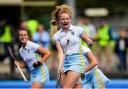 19 September 2020; Michelle Carey of UCD celebrates after scoring her side's second goal during the Women's Hockey Irish Senior Cup Final match between Pegasus and UCD at Lisnagarvey Hockey Club in Lisburn, Down. Photo by Seb Daly/Sportsfile