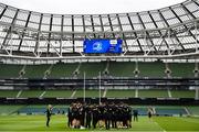 19 September 2020; The Saracens team huddle on the pitch ahead of the Heineken Champions Cup Quarter-Final match between Leinster and Saracens at the Aviva Stadium in Dublin. Photo by Ramsey Cardy/Sportsfile