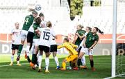 19 September 2020; Louise Quinn, 4, of Republic of Ireland has a header on goal during the UEFA Women's 2021 European Championships Qualifier Group I match between Germany and Republic of Ireland at Stadion Essen in Essen, Germany. Photo by Marcel Kusch/Sportsfile