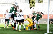 19 September 2020; Louise Quinn, 4, of Republic of Ireland has a header on goal during the UEFA Women's 2021 European Championships Qualifier Group I match between Germany and Republic of Ireland at Stadion Essen in Essen, Germany. Photo by Marcel Kusch/Sportsfile