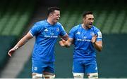 19 September 2020; James Ryan, left, and Jack Conan of Leinster celebrate a turnover during the Heineken Champions Cup Quarter-Final match between Leinster and Saracens at the Aviva Stadium in Dublin. Photo by Ramsey Cardy/Sportsfile