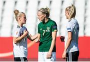 19 September 2020; Diane Caldwell of Republic of Ireland with Leonie Maier, left, and Lea Schüller of Germany following the UEFA Women's 2021 European Championships Qualifier Group I match between Germany and Republic of Ireland at Stadion Essen in Essen, Germany. Photo by Marcel Kusch/Sportsfile