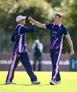 19 September 2020; Harry Tector of YMCA, right, celebrates with Tom Anders after bowling Dean Mehaffey of Donemana during the All-Ireland T20 Cup Final match between YMCA and Donemana at CIYMS Cricket Club in Belfast. Photo by Sam Barnes/Sportsfile