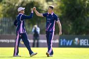 19 September 2020; Harry Tector of YMCA celebrates with Tom Anders after bowling Dean Mehaffey of Donemana during the All-Ireland T20 Cup Final match between YMCA and Donemana at CIYMS Cricket Club in Belfast. Photo by Sam Barnes/Sportsfile