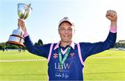 19 September 2020; Jack Tector of YMCA celebrates with the cup following the All-Ireland T20 Cup Final match between YMCA and Donemana at CIYMS Cricket Club in Belfast. Photo by Sam Barnes/Sportsfile