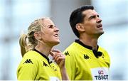 19 September 2020; Assistant referee Joy Neville and referee Pascal Gauzère during the Heineken Champions Cup Quarter-Final match between Leinster and Saracens at the Aviva Stadium in Dublin. Photo by Ramsey Cardy/Sportsfile