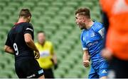 19 September 2020; Jordan Larmour of Leinster celebrates after scoring his side's second try during the Heineken Champions Cup Quarter-Final match between Leinster and Saracens at the Aviva Stadium in Dublin. Photo by Ramsey Cardy/Sportsfile
