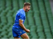 19 September 2020; Jordan Larmour of Leinster celebrates after scoring his side's second try during the Heineken Champions Cup Quarter-Final match between Leinster and Saracens at the Aviva Stadium in Dublin. Photo by Brendan Moran/Sportsfile