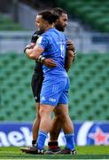 19 September 2020; James Lowe of Leinster and Billy Vunipola of Saracens embrace following the Heineken Champions Cup Quarter-Final match between Leinster and Saracens at the Aviva Stadium in Dublin. Photo by Brendan Moran/Sportsfile