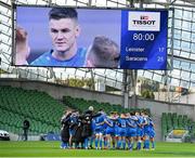 19 September 2020; Leinster captain Jonathan Sexton speaks to his team-mates after the Heineken Champions Cup Quarter-Final match between Leinster and Saracens at Aviva Stadium in Dublin. Photo by Brendan Moran/Sportsfile