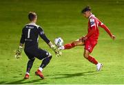 19 September 2020; Denzil Fernandes of Shelbourne has a shot on goal saved by Mark McGinley of Finn Harps during the SSE Airtricity League Premier Division match between Shelbourne and Finn Harps at Tolka Park in Dublin. Photo by Eóin Noonan/Sportsfile