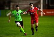 19 September 2020; Karl O'Sullivan of Finn Harps in action against Alex O'Hanlon of Shelbourne during the SSE Airtricity League Premier Division match between Shelbourne and Finn Harps at Tolka Park in Dublin. Photo by Eóin Noonan/Sportsfile