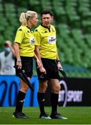 19 September 2020; Touch judges Joy Neville and George Clancy during the Heineken Champions Cup Quarter-Final match between Leinster and Saracens at Aviva Stadium in Dublin. Photo by Brendan Moran/Sportsfile