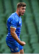 19 September 2020; Jordan Larmour of Leinster celebrates after scoring his side's second try during the Heineken Champions Cup Quarter-Final match between Leinster and Saracens at Aviva Stadium in Dublin. Photo by Brendan Moran/Sportsfile