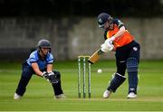 20 September 2020; Sophie MacMahon of Scorchers plays a shot, watch my Typhoons wicket Sarah Forbes, during the Women's Super Series match between Typhoons and Scorchers at Merrion Cricket Club in Dublin. Photo by Seb Daly/Sportsfile