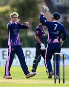 20 September 2020; Cillian McDonnell of YMCA, left, celebrates with JJ Cassidy after the pair combined to take the wicket of David Miller of CIYMS by during the All-Ireland T20 European Cricket League Play-Off match between CIYMS and YMCA at CIYMS Cricket Club in Belfast. Photo by Sam Barnes/Sportsfile