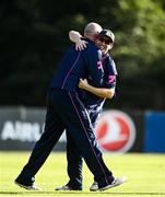 20 September 2020; James Cameron-Dow of CIYM, left, is congratulated by team-mate John Matchett after completing a hat-trick in the games final over during the All-Ireland T20 European Cricket League Play-Off match between CIYMS and YMCA at CIYMS Cricket Club in Belfast. Photo by Sam Barnes/Sportsfile