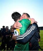 20 September 2020; Matthew O'Flaherty of Kilmoyley celebrates with manager John Meyler following the Kerry County Senior Hurling Championship Final match between Kilmoyley and Causeway at Austin Stack Park in Tralee, Kerry. Photo by David Fitzgerald/Sportsfile