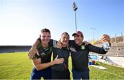 20 September 2020; Kilmoyley manager John Meyler, centre, is congratulted by Kilmoyley chairman Joe Walsh, right, and former player Shane Brick following the Kerry County Senior Hurling Championship Final match between Kilmoyley and Causeway at Austin Stack Park in Tralee, Kerry. Photo by David Fitzgerald/Sportsfile