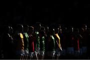 20 September 2020; The Dungannon Thomas Clarkes team stand for the National Anthem ahead of the Tyrone County Senior Football Championship Final match between Trillick St. Macartan’s and Dungannon Thomas Clarkes at Healy Park in Omagh, Tyrone. Photo by Ramsey Cardy/Sportsfile