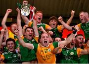 20 September 2020; Darragh Begley, centre, celebrates with his Dungannon Thomas Clarkes team-mates following their victory in the Tyrone County Senior Football Championship Final match between Trillick St. Macartan’s and Dungannon Thomas Clarkes at Healy Park in Omagh, Tyrone. Photo by Ramsey Cardy/Sportsfile