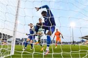 21 September 2020; Tunmise Sobowale of Waterford in action against Aaron Greene of Shamrock Rovers during the SSE Airtricity League Premier Division match between Shamrock Rovers and Waterford at Tallaght Stadium in Dublin. Photo by Stephen McCarthy/Sportsfile