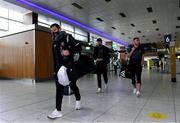 22 September 2020; Patrick Hoban of Dundalk, left, with his team-mates Patrick McEleney, centre, and Michael Duffy at Dublin Airport as Dundalk depart for their Europa League third qualifying round match against Sheriff in Tiraspol, Moldova. Photo by Matt Browne/Sportsfile