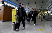 22 September 2020; Will Patching, left, and John Mountney of Dundalk at Dublin Airport as Dundalk depart for their Europa League third qualifying round match against Sheriff in Tiraspol, Moldova. Photo by Matt Browne/Sportsfile