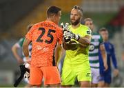 21 September 2020; Shamrock Rovers goalkeeper Alan Mannus and Waterford goalkeeper Brian Murphy, left, following the SSE Airtricity League Premier Division match between Shamrock Rovers and Waterford at Tallaght Stadium in Dublin. Photo by Stephen McCarthy/Sportsfile