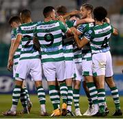 21 September 2020; Lee Grace, second from right, celebrates with Shamrock Rovers team-mates after scoring their third goal during the SSE Airtricity League Premier Division match between Shamrock Rovers and Waterford at Tallaght Stadium in Dublin. Photo by Stephen McCarthy/Sportsfile