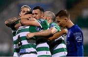 21 September 2020; Roberto Lopes, second from left, is congratulated by Shamrock Rovers team-mates Lee Grace, left, Aaron Greene and Joey O'Brien, right, after scoring their second goal during the SSE Airtricity League Premier Division match between Shamrock Rovers and Waterford at Tallaght Stadium in Dublin. Photo by Stephen McCarthy/Sportsfile